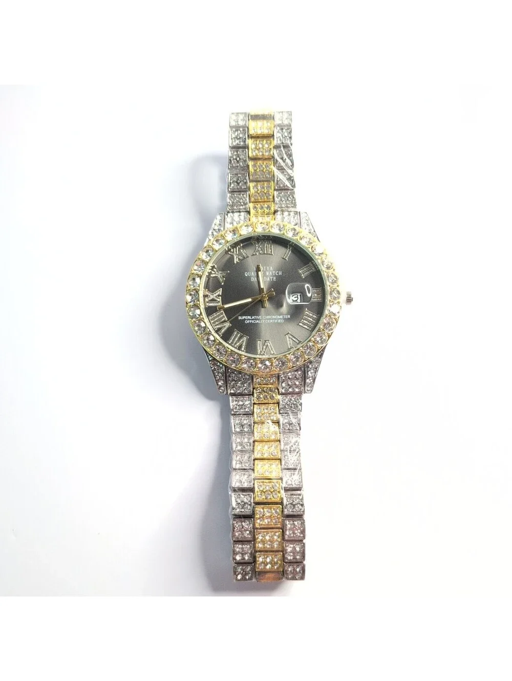 Men's Watch 42mm – Moissanite Simulated – Roman Numeral- Gold/Silver Shine -